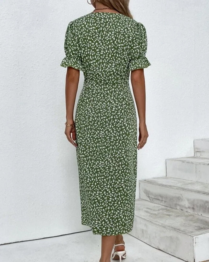 Herbstliches Knopfkleid mit V-Ausschnitt & Kurzarm – Luisa