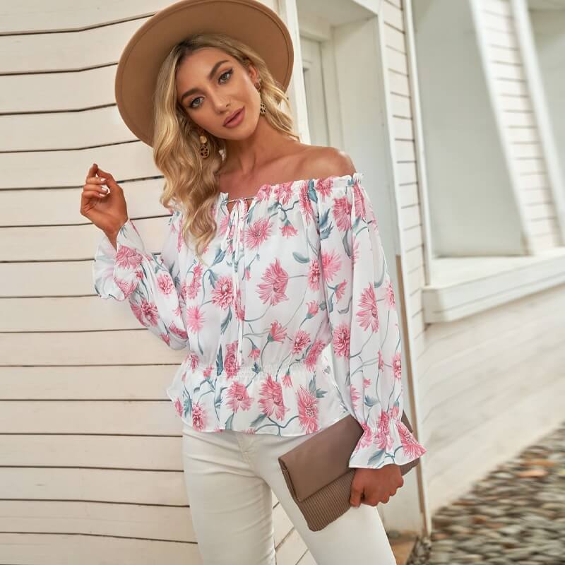 Geblümte Damen Chiffon-Bluse mit Rüschenärmeln – Herbstzauber Elvira