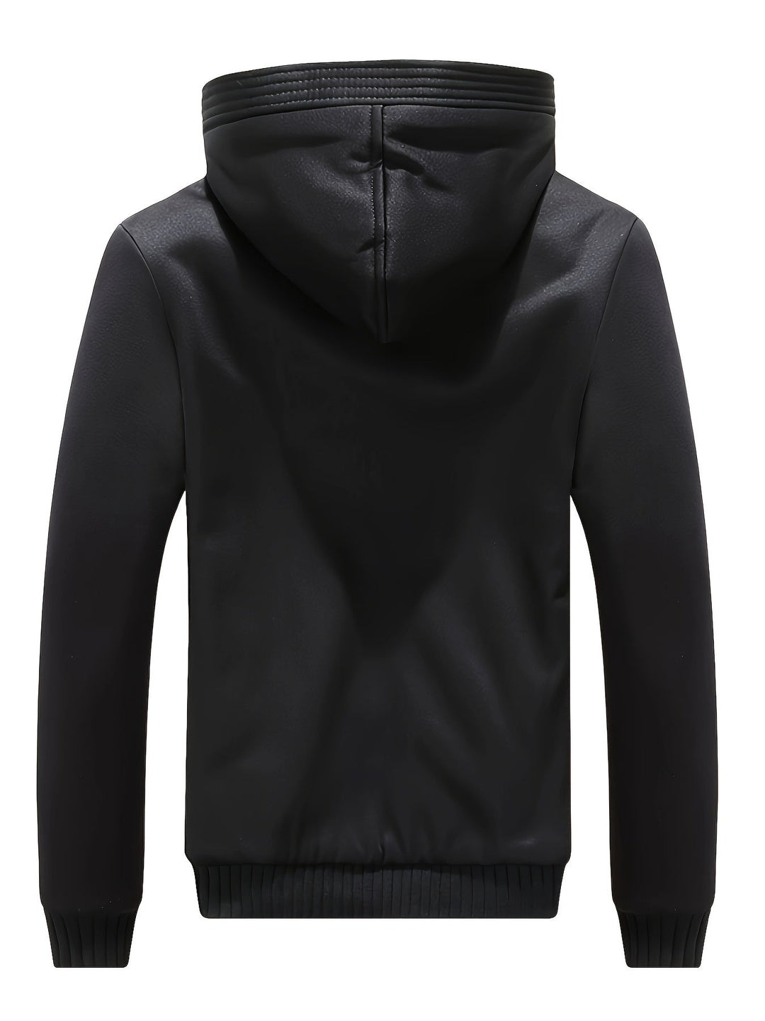 Schwarze Lederjacke mit Kapuze, Herrenmode, stilvoll, warm, Freizeitkleidung, Rückansicht.