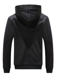 Schwarze Lederjacke mit Kapuze, Herrenmode, stilvoll, warm, Freizeitkleidung, Rückansicht.
