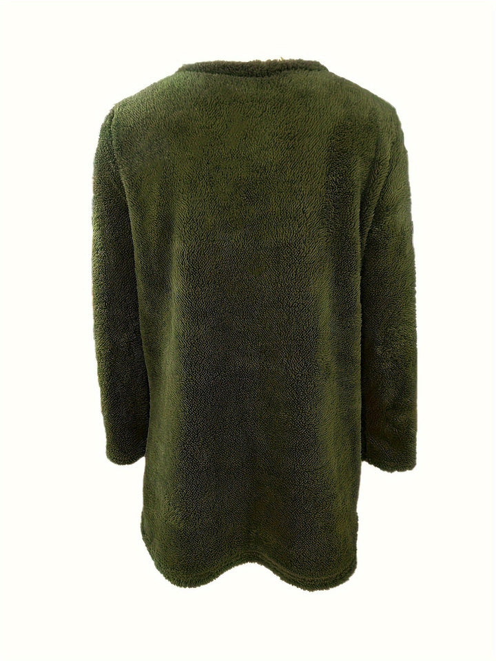 Grüne Fleecejacke, langärmelig, Rückansicht, weiches Material, Outdoor-Bekleidung, warm.
