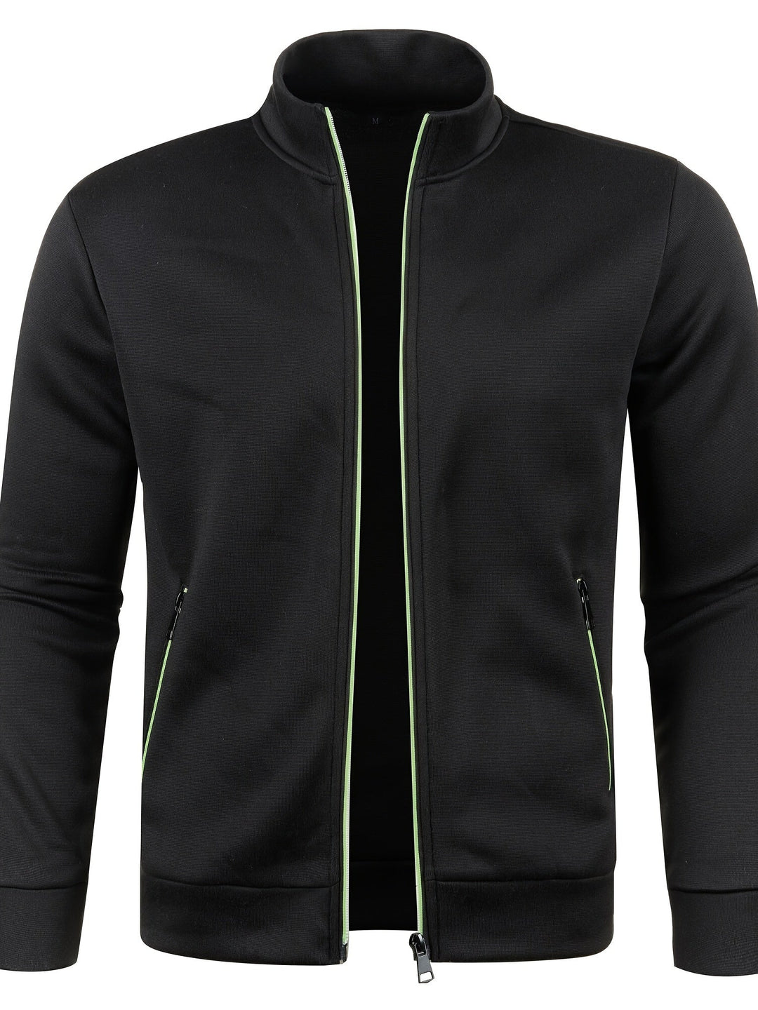 Schwarze Herren-Trainingsjacke mit Reißverschluss, grüne Akzente, Sportbekleidung.