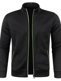 Schwarze Herren-Trainingsjacke mit Reißverschluss, Stehkragen, grünen Akzenten, Sportbekleidung.