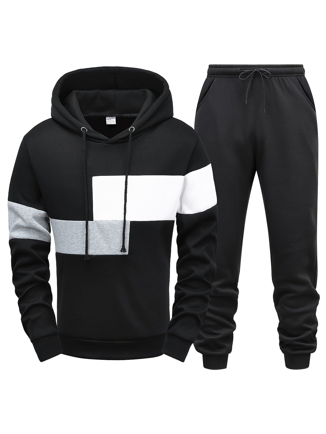 Schwarzer Hoodie und Jogginghose Set, Blockmuster, Baumwolle, Herrenmode, Freizeitkleidung.