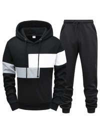 Schwarzer Hoodie und Jogginghose Set, Blockmuster, Baumwolle, Herrenmode, Freizeitkleidung.