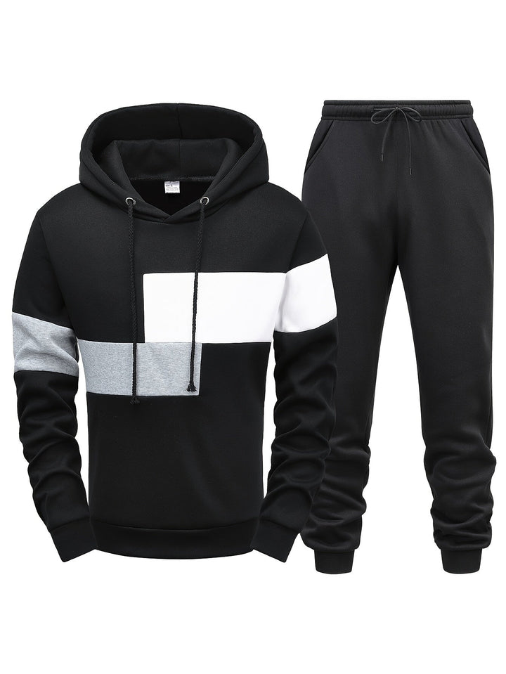 Schwarzer Hoodie und Jogginghose Set, Blockmuster, Baumwolle, Herrenmode, Freizeitkleidung.
