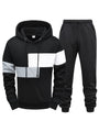 Schwarzer Hoodie und Jogginghose Set, Blockmuster, Baumwolle, Herrenmode, Freizeitkleidung.