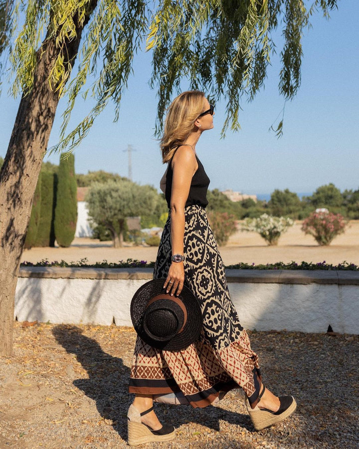 Bedruckter Boho Maxirock mit fließendem Schnitt & Fransen – Yalina