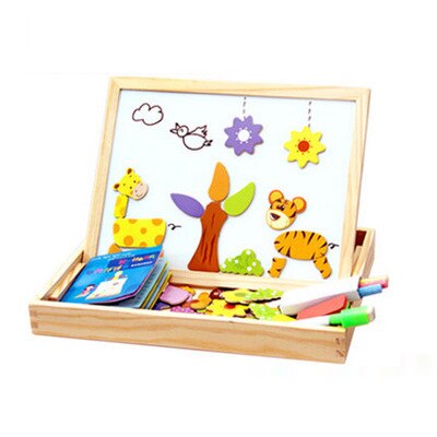 Holz-Magnetpuzzle mit Tierfiguren, Pflanzen und Zeichentafel, Lernspielzeug für Kinder.