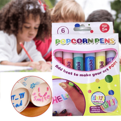Popcorn Pens Set, 6 Farben, für Kinder ab 5 Jahren, kreative Kunstprojekte, hitzeaktiviert.