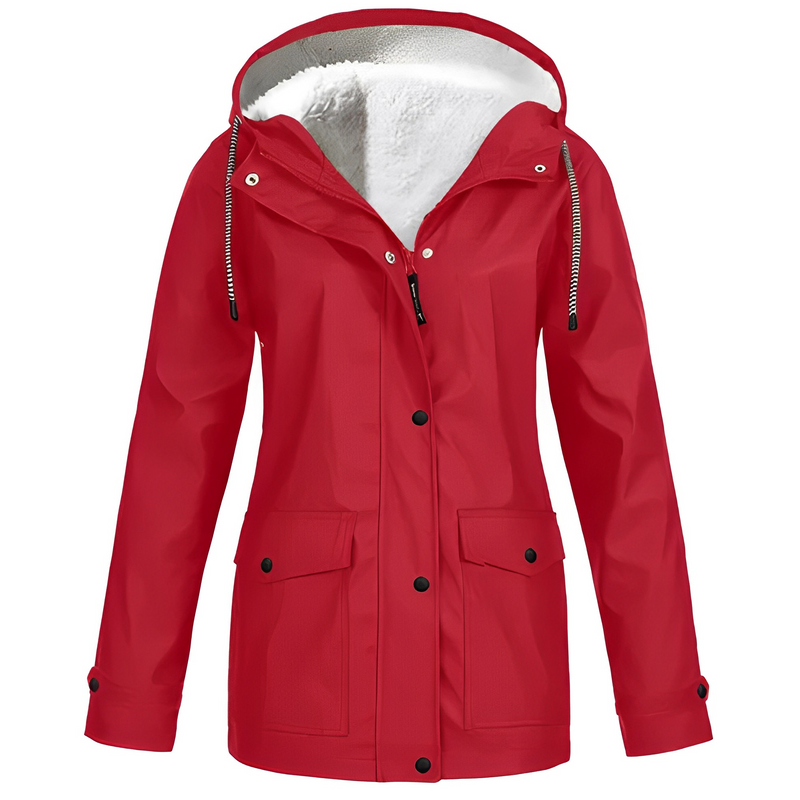 Rote Damenjacke mit Kapuze, wasserdicht, Fleece-Innenfutter, Outdoor-Bekleidung.