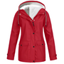 Rote Damenjacke mit Kapuze, wasserdicht, Fleece-Innenfutter, Outdoor-Bekleidung.