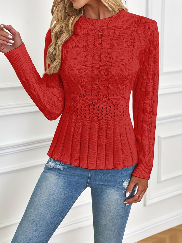 Roter Strickpullover Damen, Zopfmuster, Langarm, figurbetont, modisch, Herbstmode.