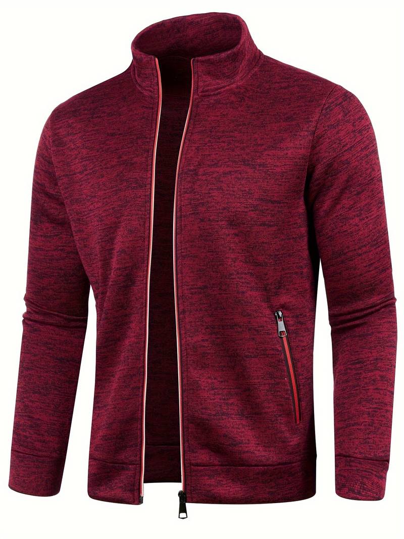 Rote Herren-Sweatjacke, Reißverschluss, meliert, Freizeitmode, Baumwollmischung.