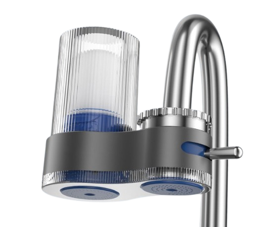 Wasserfilter für Wasserhahn, Edelstahl, transparentes Gehäuse, blaues Detail, Küchenzubehör