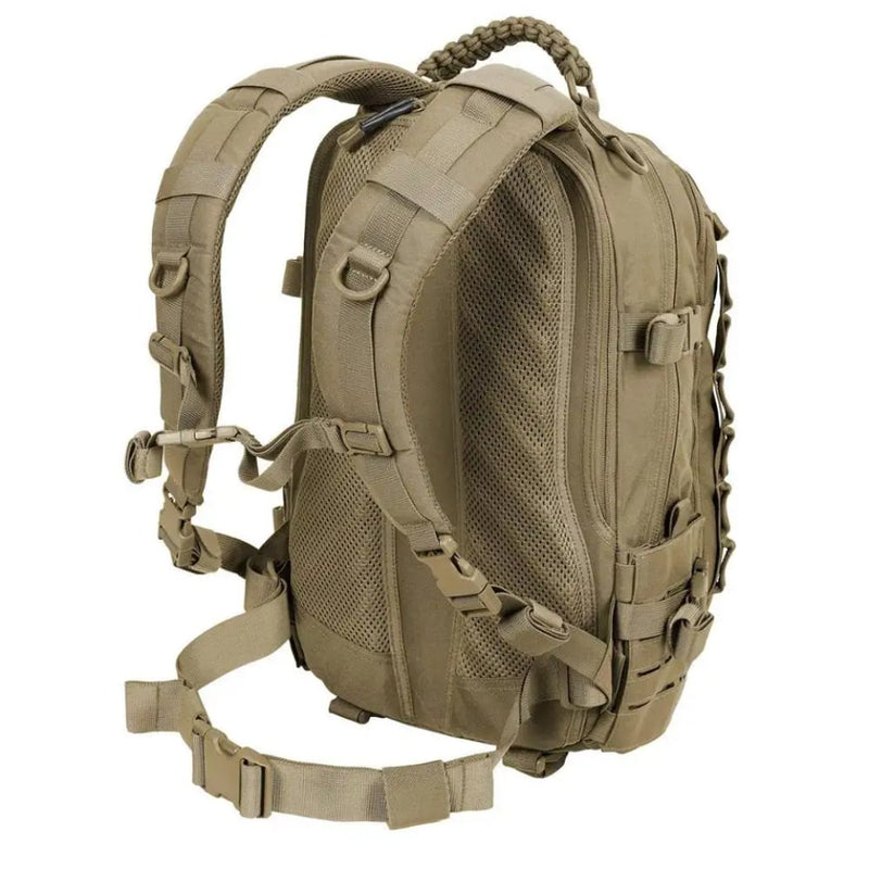 Taktischer Rucksack, beige, robustes Nylon, verstellbare Gurte, ideal für Outdoor-Aktivitäten.