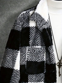 Schwarz-weiß karierter Kunstpelzmantel, Damenmode, Winterjacke, warm, stilvoll.