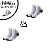 Weiße Sportsocken, 2+1 gratis Angebot, atmungsaktiv, unisex, reduziert von 104,97€ auf 49,90€.