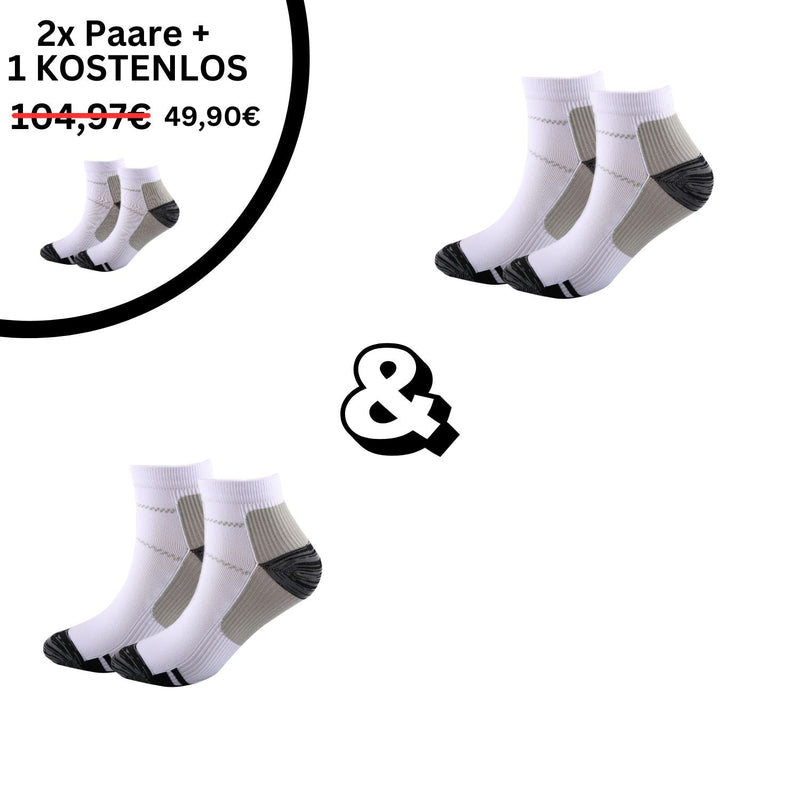 Weiße Sportsocken, 2+1 gratis Angebot, atmungsaktiv, unisex, reduziert von 104,97€ auf 49,90€.