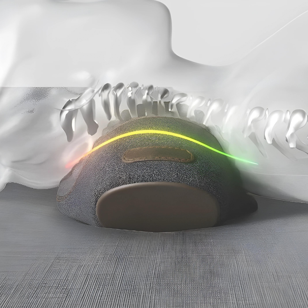 Orthopädisches Nackenkissen, ergonomisch, grauer Stoff, Wirbelsäulenunterstützung, Komfort.