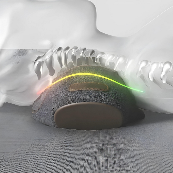 Orthopädisches Nackenkissen, ergonomisch, grauer Stoff, Wirbelsäulenunterstützung, Komfort.