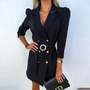 Damen Blazer-Kleid Schwarz, Langarm, Knopfleiste, Gürtel, Elegante Abendmode, Business-Look