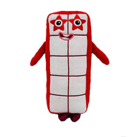 Rotes und weißes Plüschspielzeug, rechteckig, mit Sternaugen, Kinderkuscheltier.