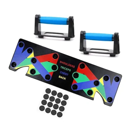 Multifunktionales Push-Up-Board mit Griffen, farbcodiert für Schultern, Trizeps, Brust, Rücken.