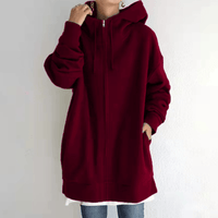 Damen Kapuzenpullover, rot, lang, Reißverschluss, lässig, Baumwolle, Herbstmode, bequem.