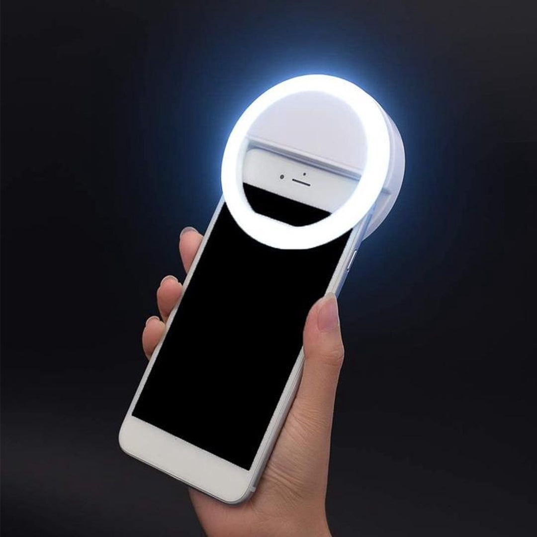 Selfie-Ringlicht für Smartphone, LED, tragbar, weiß, ideal für Fotografie und Videoaufnahmen.