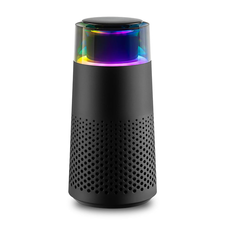 Schwarzer Bluetooth-Lautsprecher mit LED-Licht, tragbar, kabellos, modernes Design.