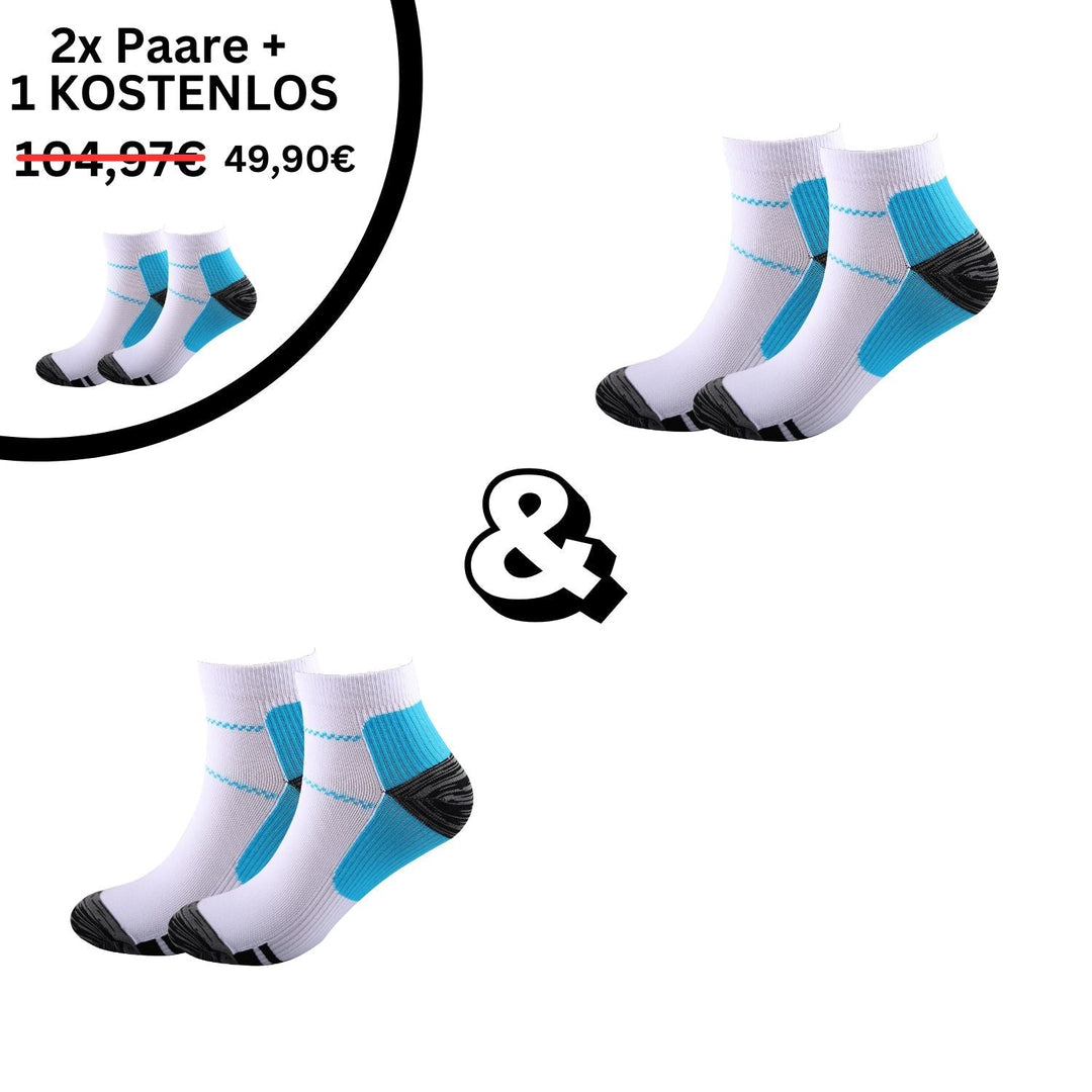 Weiße und blaue Sportsocken, Angebot: 2 Paar kaufen, 1 kostenlos, Preis 49,90€.