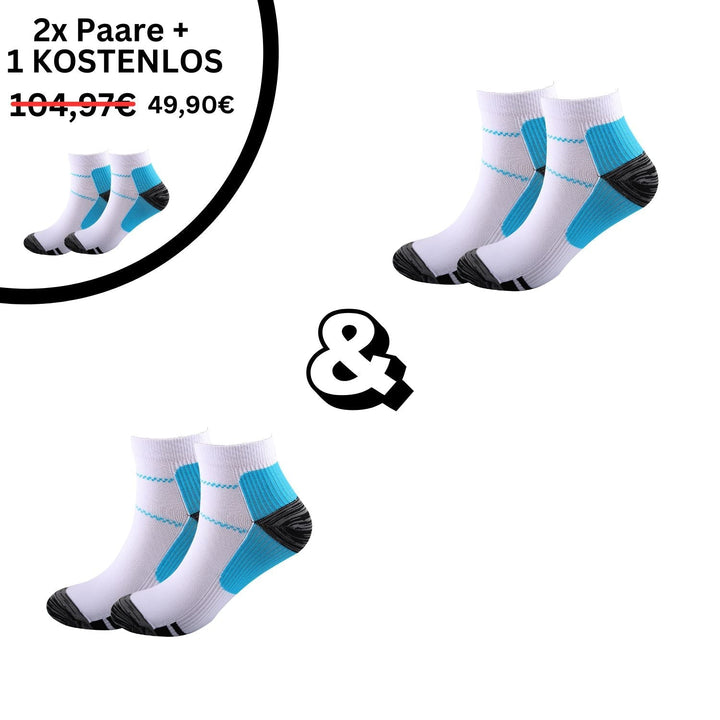 Weiße und blaue Sportsocken, Angebot: 2 Paar kaufen, 1 kostenlos, Preis 49,90€.