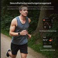 Mann joggt im Park mit Smartwatch, Gesundheitsüberwachung, Herzfrequenz, SpO2, Fitness-Tracking.