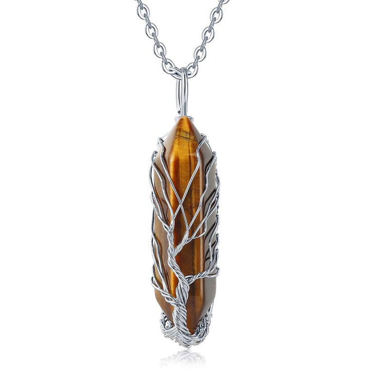 Tigerauge-Anhänger mit Silberkette, handgefertigt, Baum-Design, Schmuck für Damen.