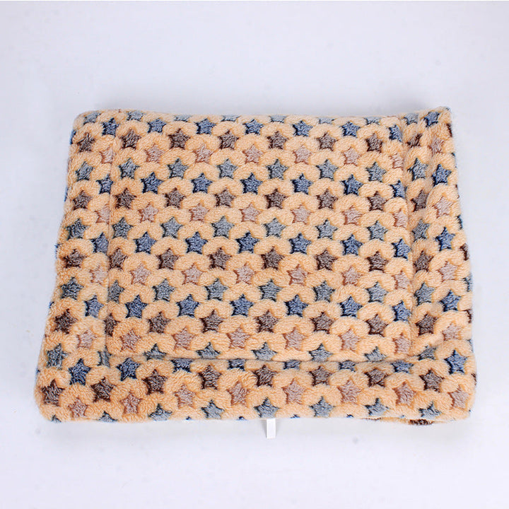 Beige Hundebett mit Sternenmuster, weiches Plüschmaterial, rechteckig, gemütlich und stilvoll.