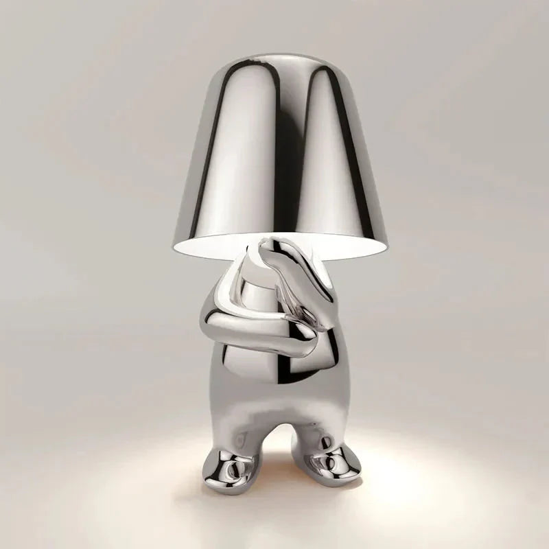 Silberne Tischlampe in Hasenform, modernes Design, Metall, dekorative Beleuchtung.