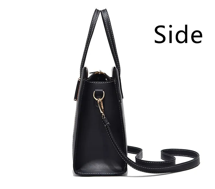 Schwarze Ledertasche mit Schulterriemen, Seitenansicht, elegante Damenhandtasche.