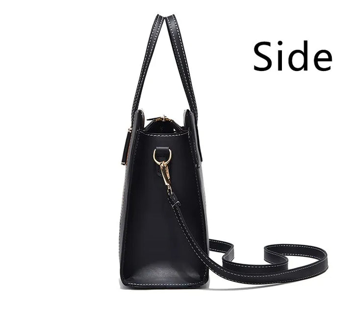 Schwarze Ledertasche mit Schulterriemen, Seitenansicht, elegante Damenhandtasche.