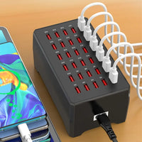 30-Port USB-Ladestation, schwarz, Schnellladegerät, geeignet für Tablets und Mobiltelefone.