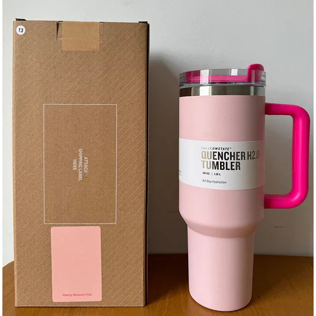 Rosa Thermobecher mit Griff, Edelstahl, 1 Liter, Quencher H2.0, Cherry Blossom Pink.