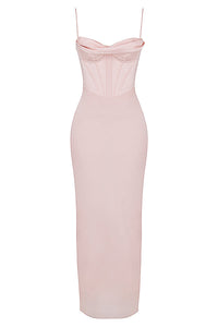 Rosa trägerloses Korsettkleid, figurbetont, elegant, Abendmode, Midi-Länge.