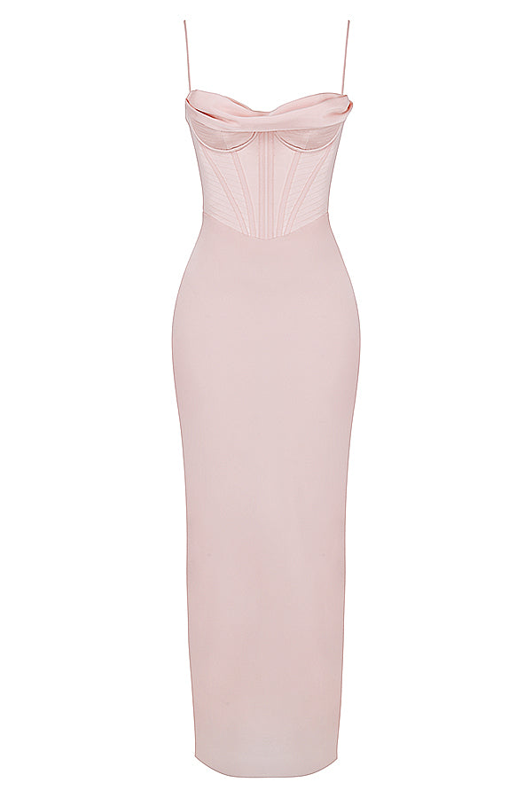Rosa trägerloses Korsettkleid, figurbetont, elegant, Abendmode, Midi-Länge.
