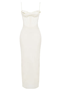 Weißes, schulterfreies Korsettkleid, figurbetont, elegantes Design, Abendmode, Damenbekleidung.