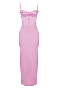 Rosa Satin-Corsagenkleid, schulterfrei, figurbetont, elegantes Abendkleid, Damenmode.