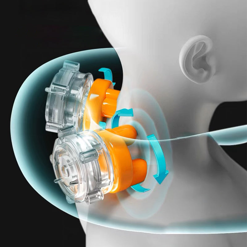 Elektrisches Nackenmassagegerät, transparent-orange, ergonomisch, für Schmerzlinderung.