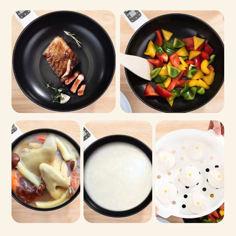 Fünf schwarze Pfannen mit Steak, Gemüse, Suppe, Brei und Dampfgarer-Einsatz.