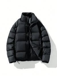 Schwarze Daunenjacke, warm, gesteppt, Wintermode, Herrenbekleidung, Reißverschluss, Outdoor.