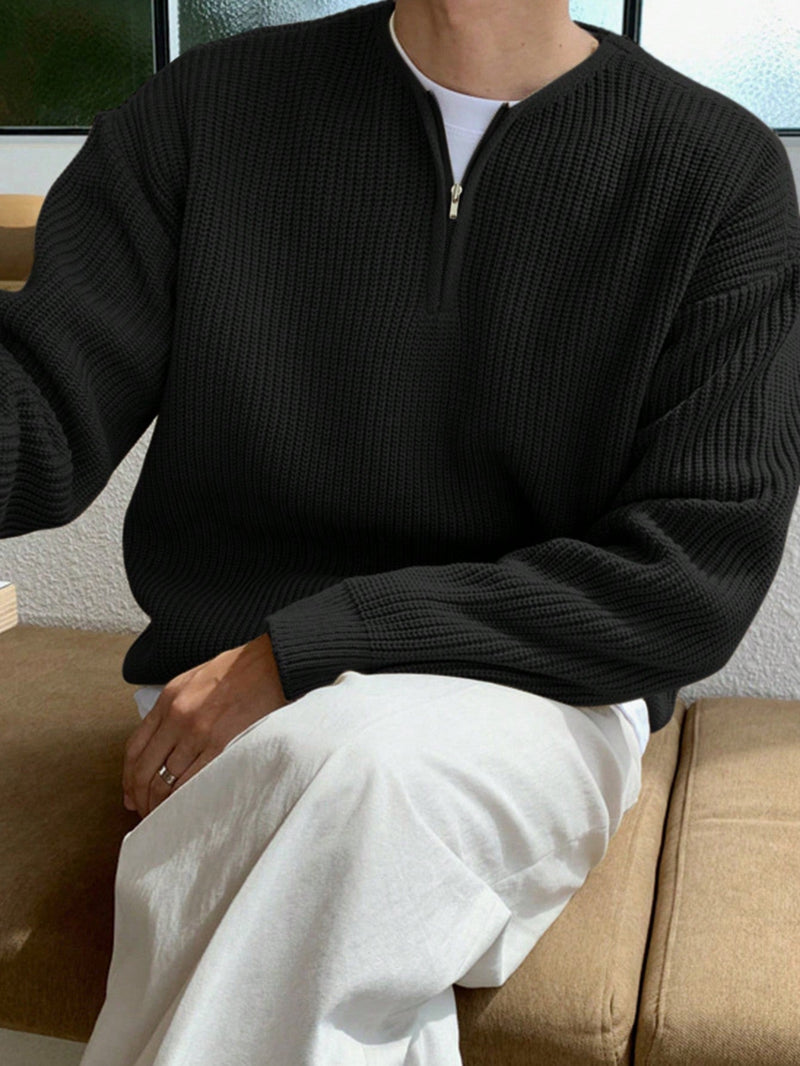 Schwarzer Strickpullover mit Reißverschluss, Herrenmode, lässig, bequem, stilvoll, Baumwolle.