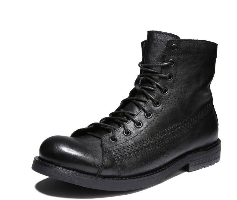 Schwarzer Lederstiefel, Schnürung, robuster Absatz, Herrenmode, Outdoor-Boots.